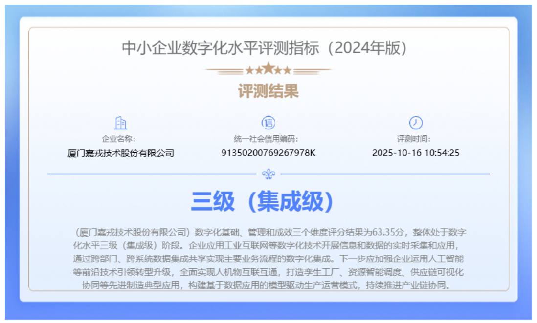《中小企業(yè)數(shù)字化水平評(píng)測指標(biāo)(2024年版)》三級(jí)(集成級(jí))認(rèn)證 《中小企業(yè)數(shù)字化水平評(píng)測指標(biāo)(2024年版)》三級(jí)(集成級(jí))認(rèn)證